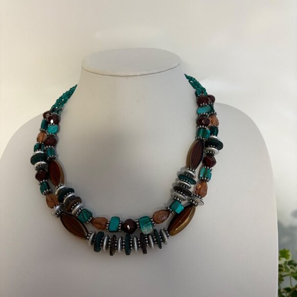 Multicolor Beaded Necklace Teal Brown Silver Tones Boho Fashion Jewelry - Picture 5 of 7
